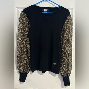 DKNY Black Sweater with Sheer Leopard Print Sleeves